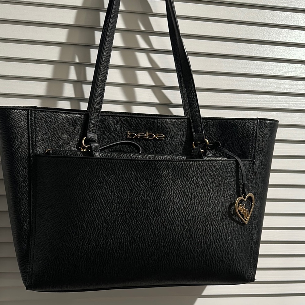 NWT Bebe Two Piece Large Black Tote w/Black & Gray Envelope CrossbodyWristlet.